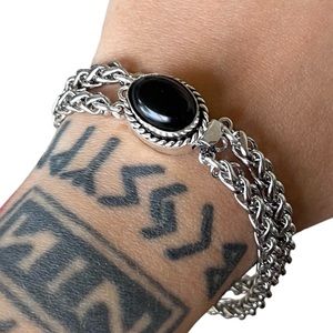 Genuine black onyx gemstone stainless steel double chain boho goth bracelet